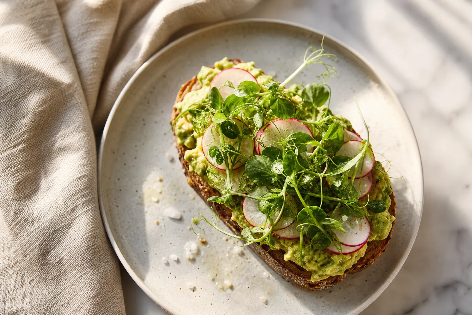Avocado toast topped with crunchy radish and tender pea shoot microgreens
