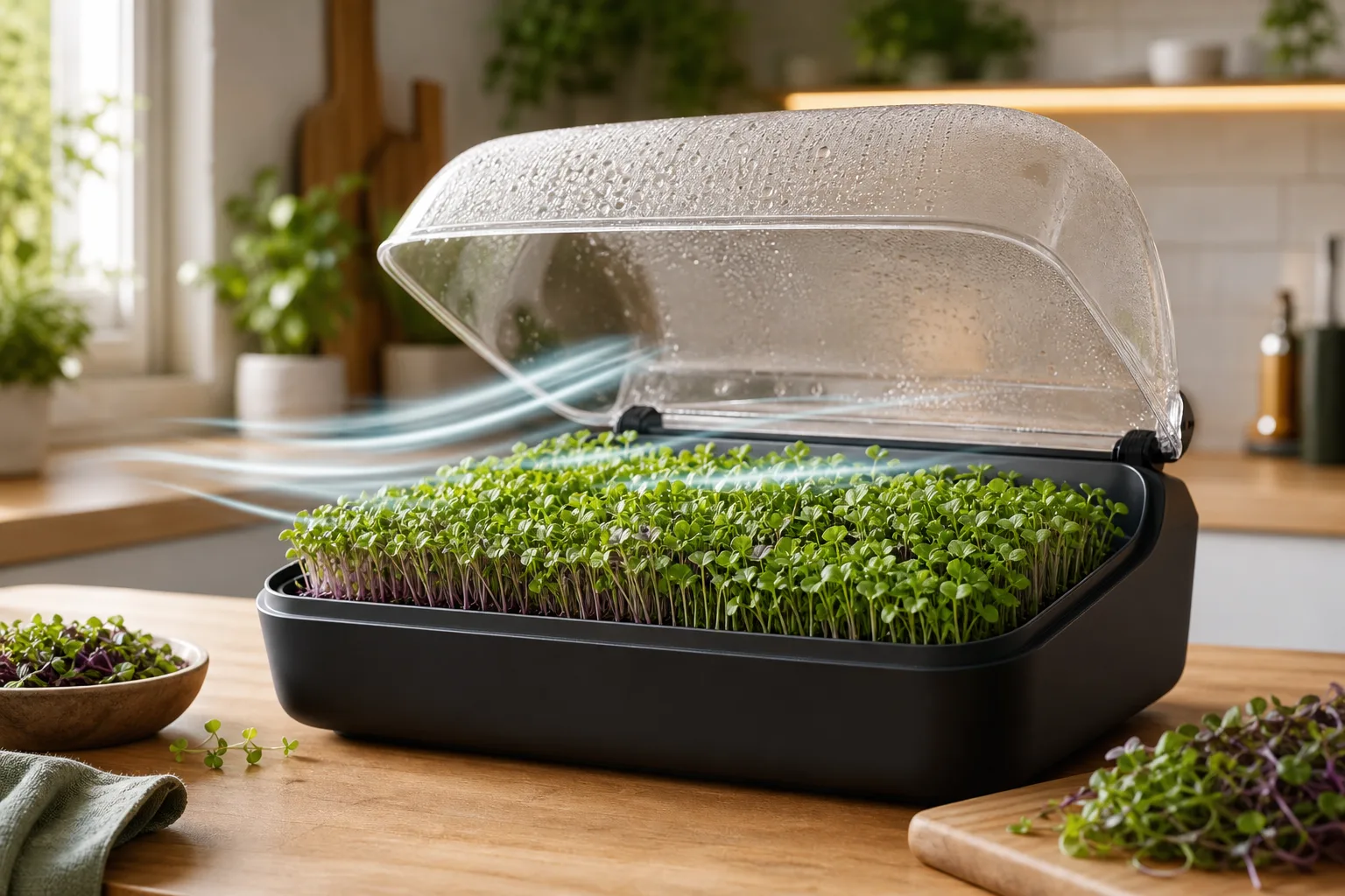 A countertop microgreens grower with the lid lifted and fresh air moving across the young shoots