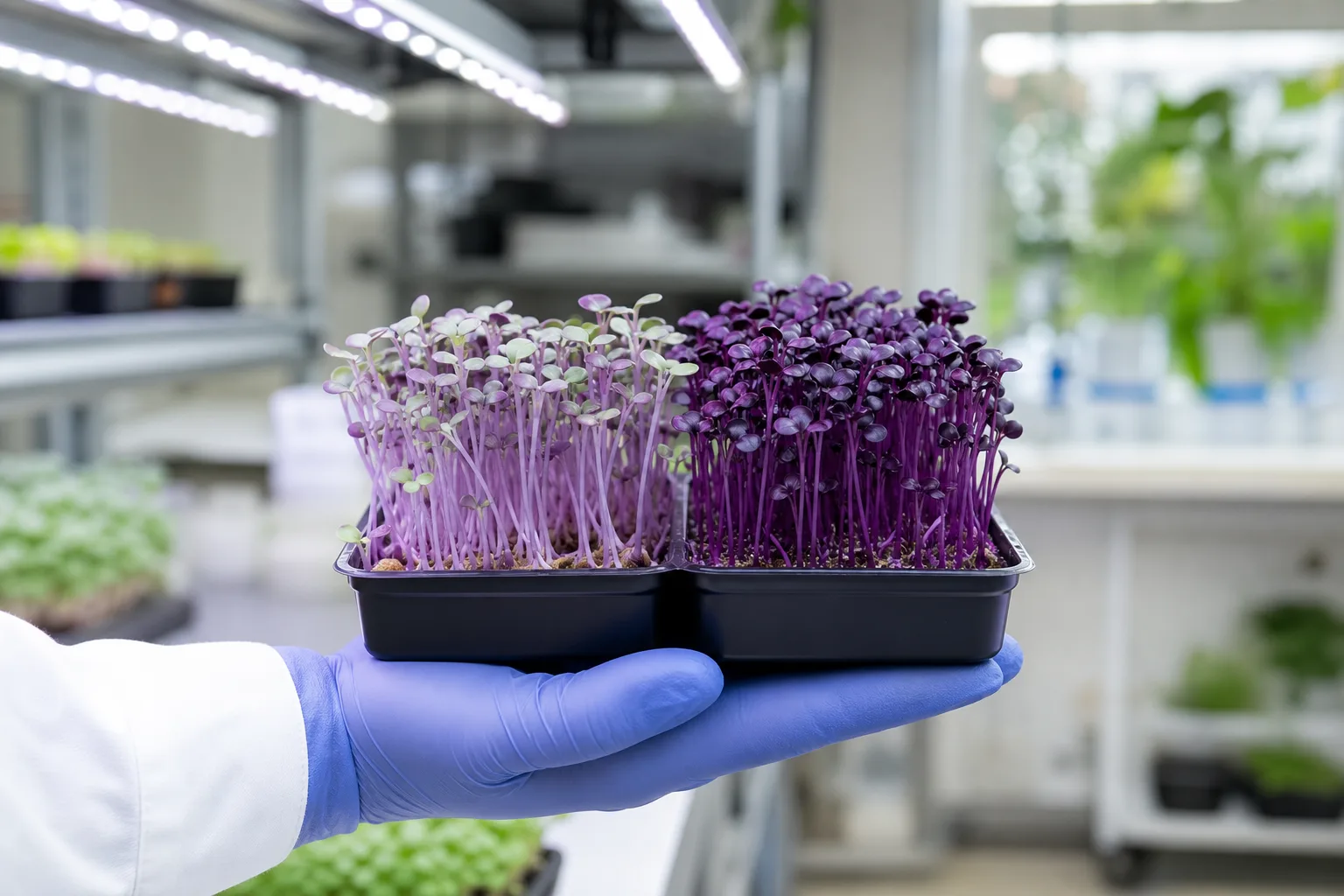 A scientist comparing a pale tray and a deeply purple tray of red cabbage microgreens under grow lights