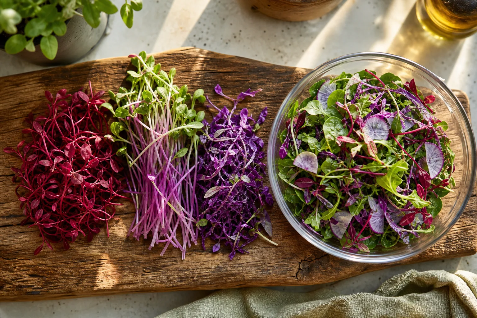 An overhead spread of red amaranth, purple radish, and red cabbage microgreens beside a salad bowl