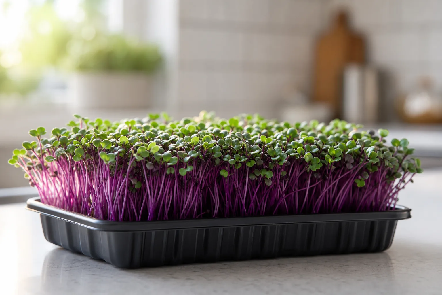 A tray of purple-stemmed radish microgreens showing how deep pigment signals bold flavor