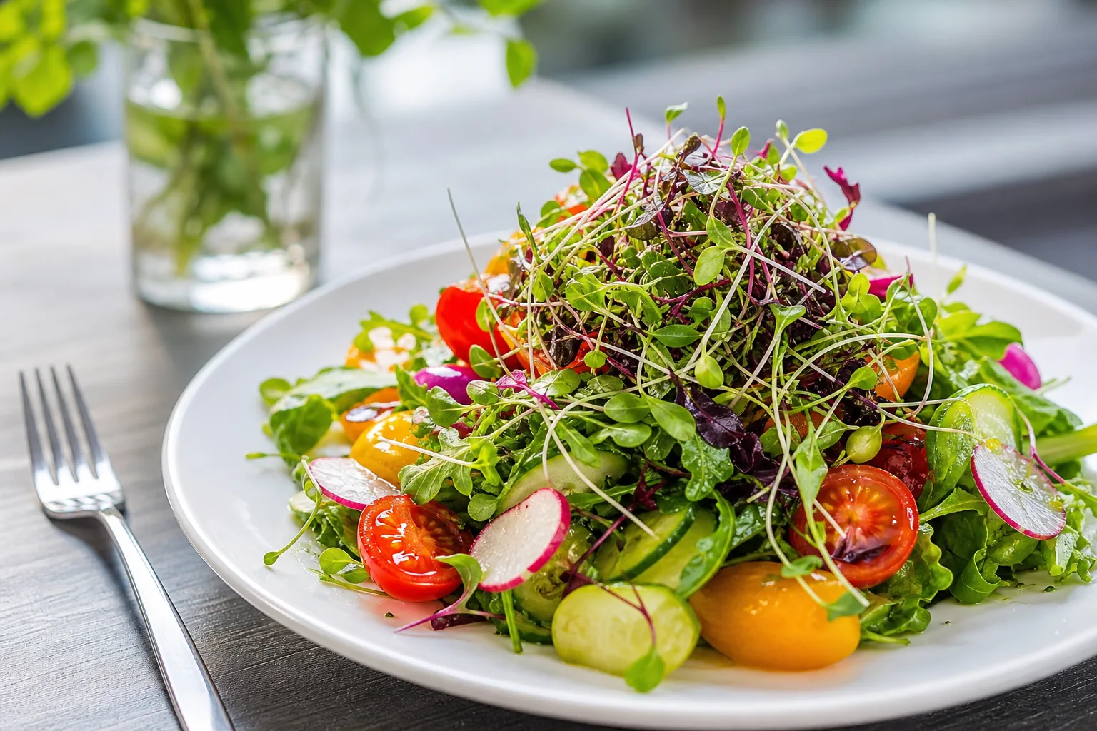 A colorful salad topped with a mix of green, red, and golden microgreens