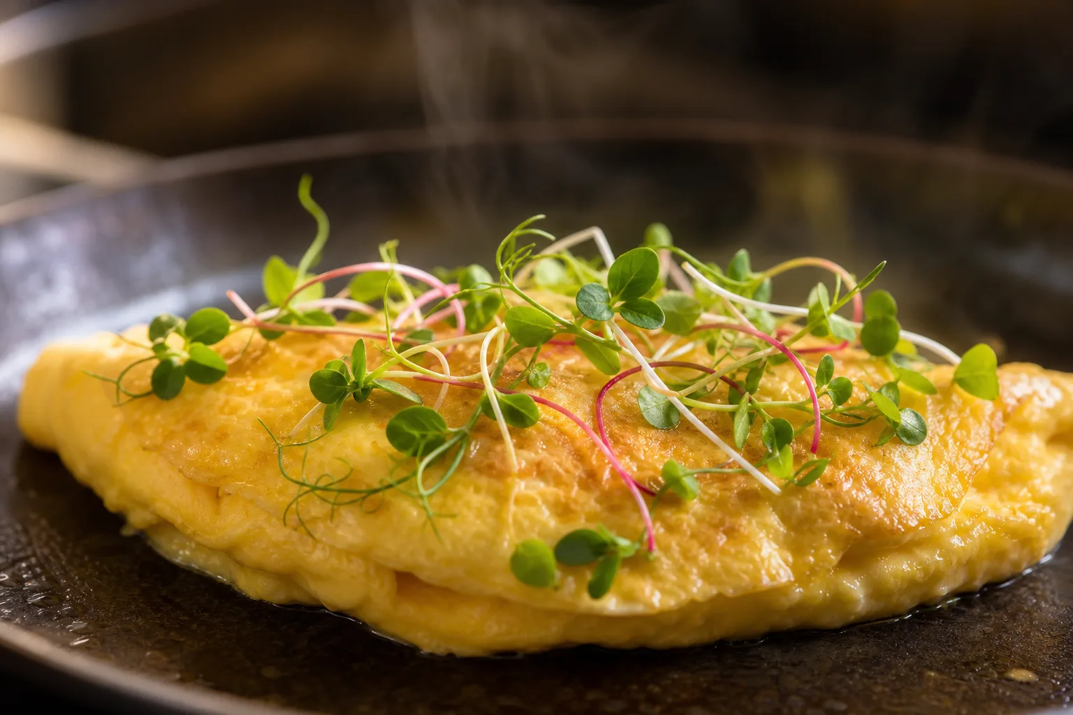 A folded omelet finished with a small handful of pea and radish microgreens scattered over the top