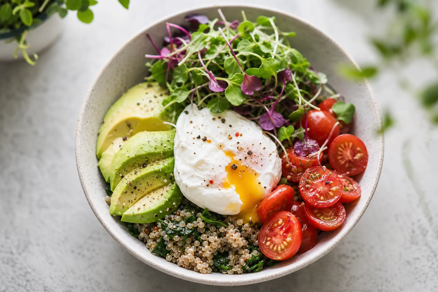 An overhead breakfast grain bowl with a poached egg, avocado, tomatoes and a crown of mixed microgreens