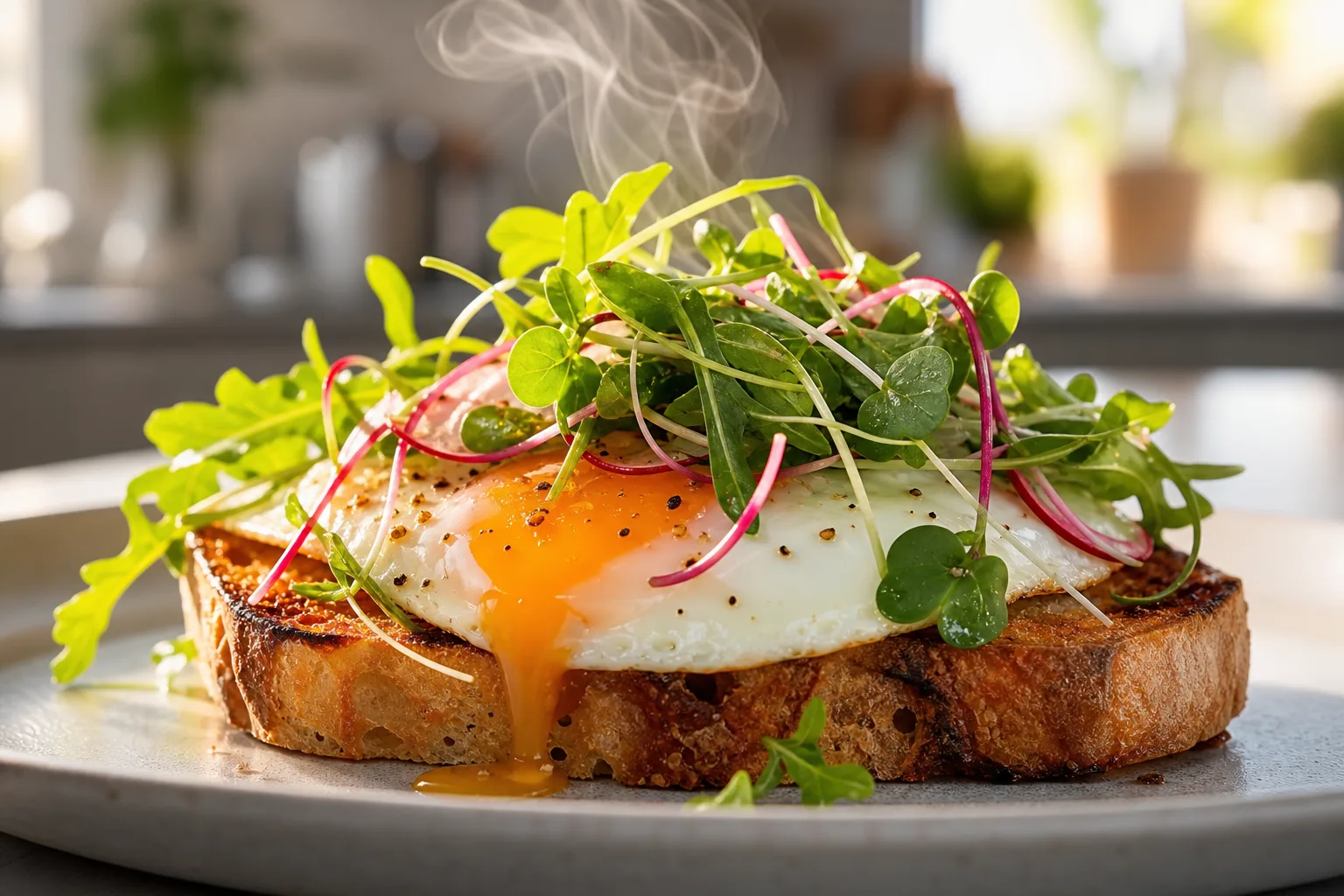 A soft fried egg on toast topped with peppery arugula and radish microgreens