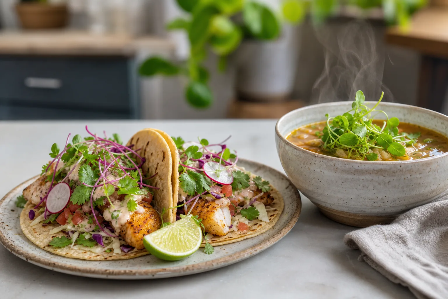 Fish tacos finished with cilantro microgreens beside a soup bowl topped with pea shoots