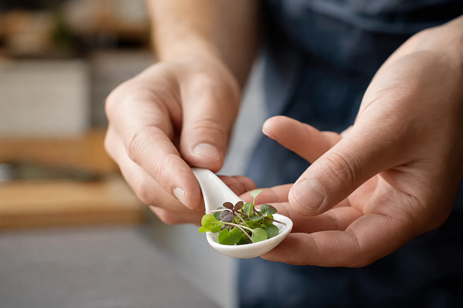 Tasting a small pinch of spicy mustard microgreens