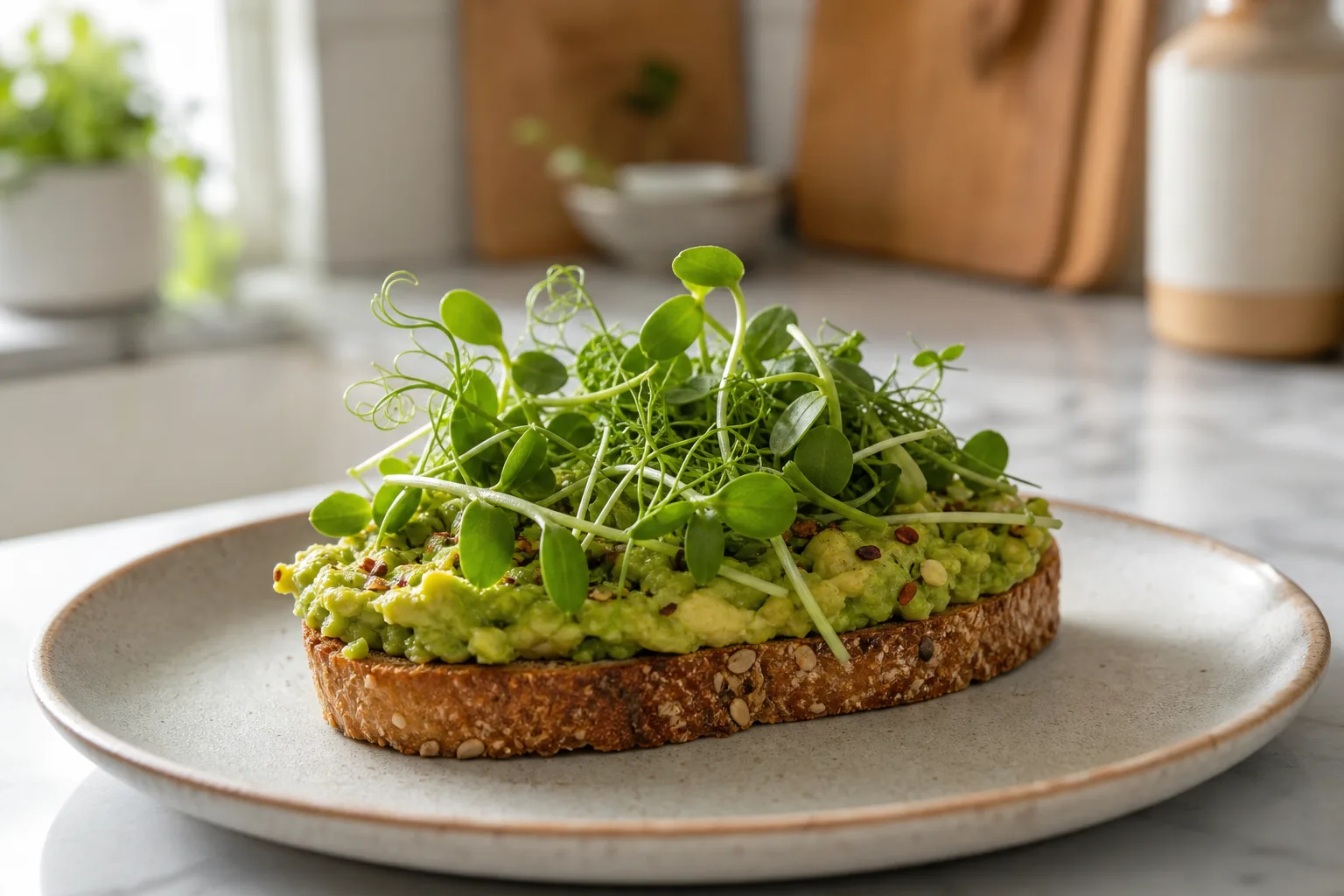 Avocado toast topped with sunflower and pea microgreens