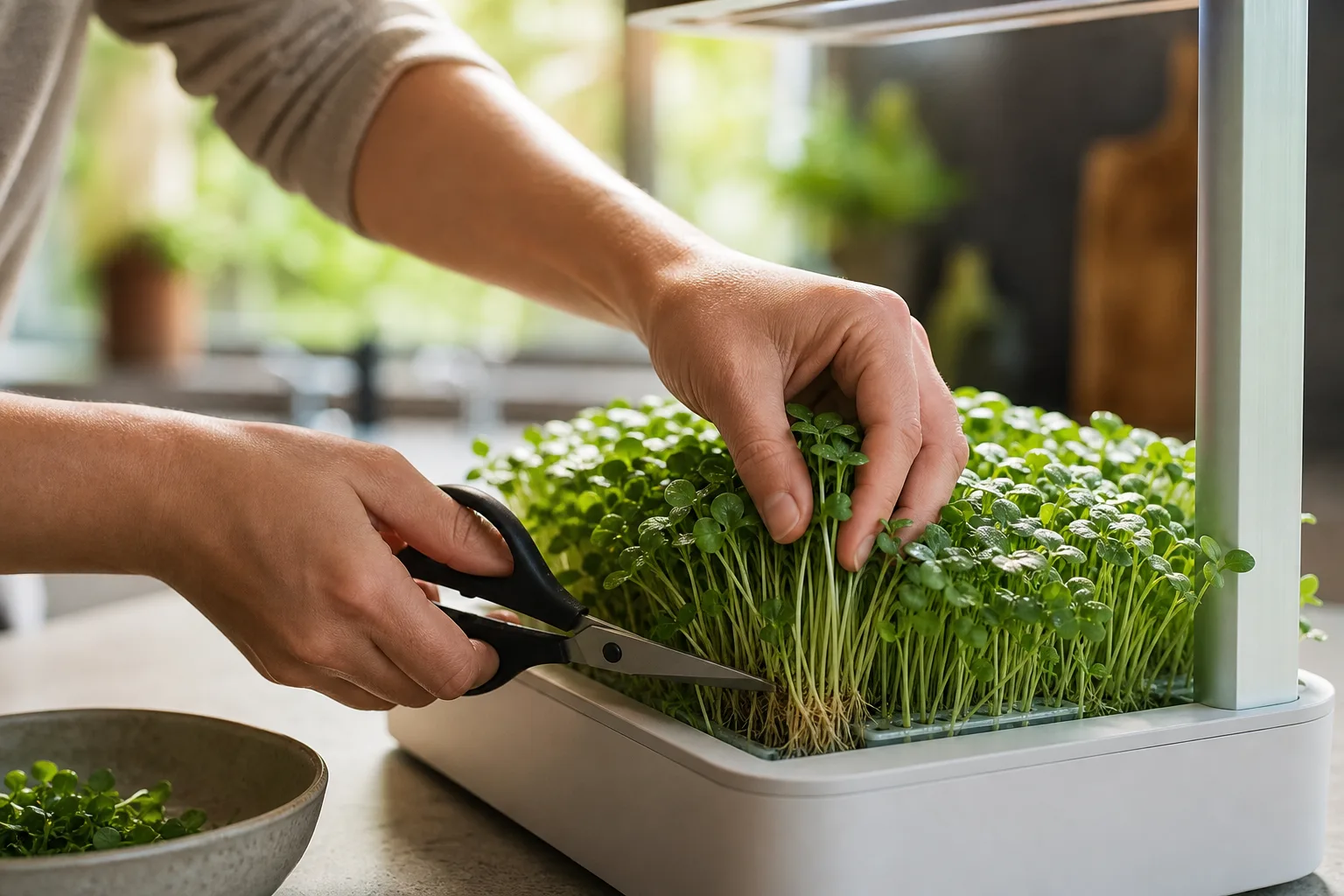 A cook snipping fresh microgreens directly from a sleek countertop grower in a bright kitchen