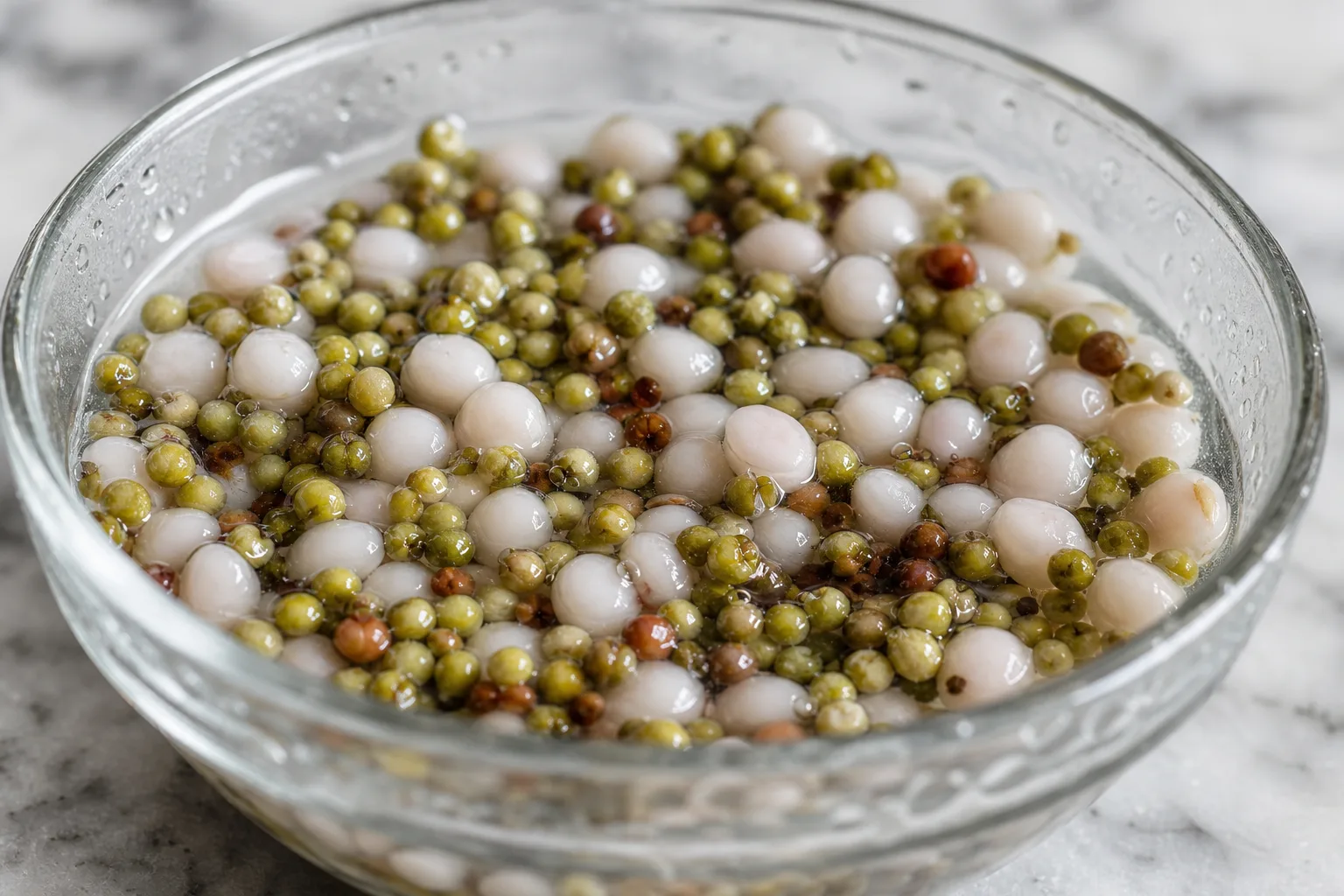 Soaked broccoli and radish seeds swollen with water in a glass bowl