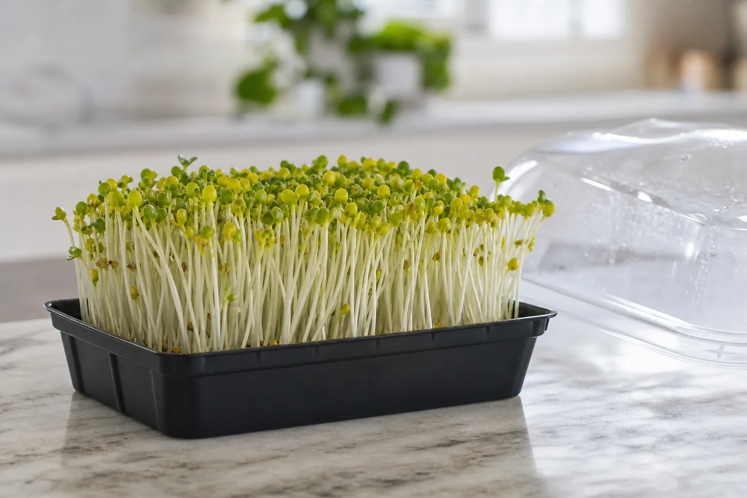 A freshly uncovered tray of microgreens with pale, uniform stems