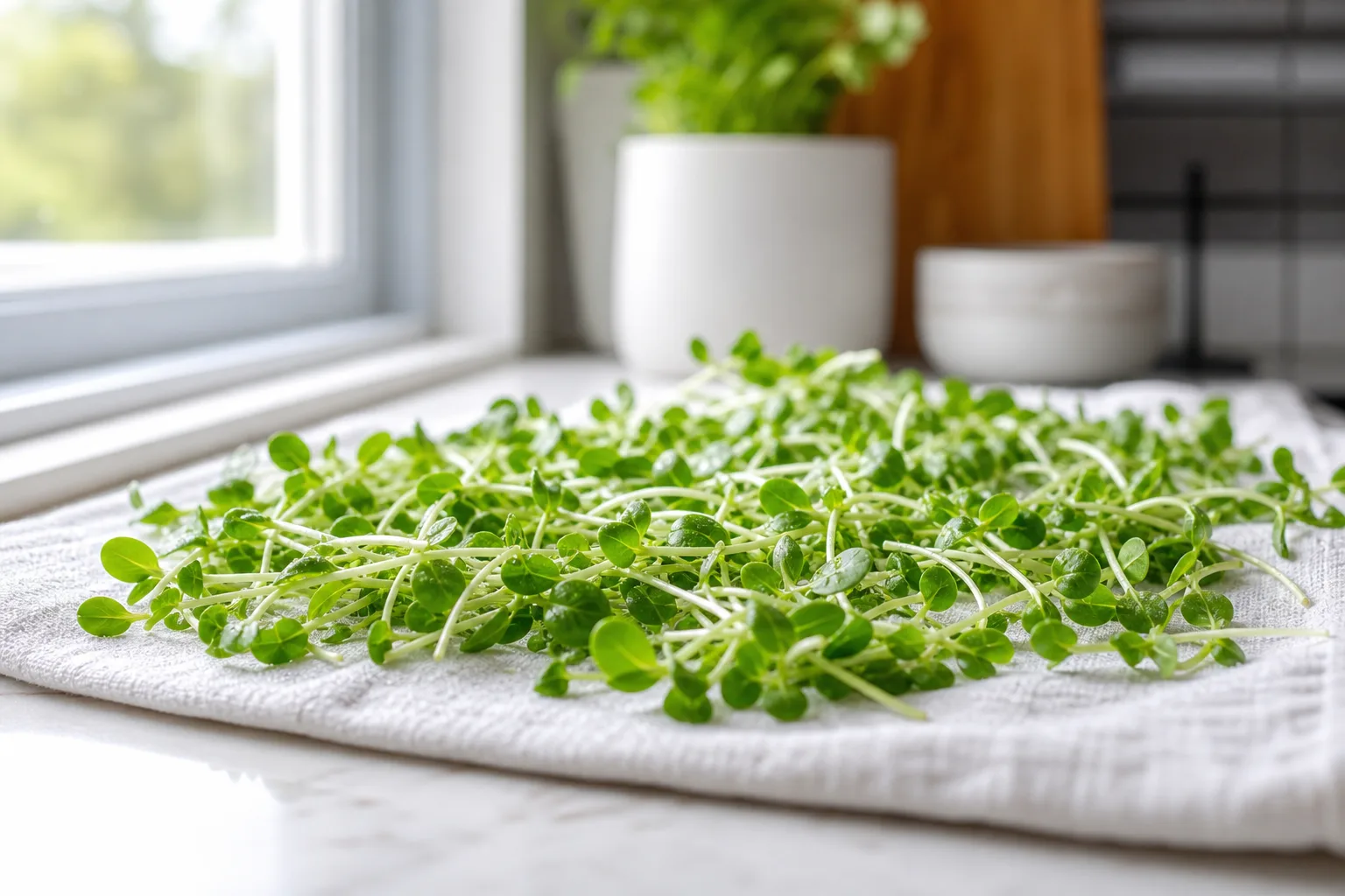 Freshly cut microgreens air-drying in a single layer on a clean towel