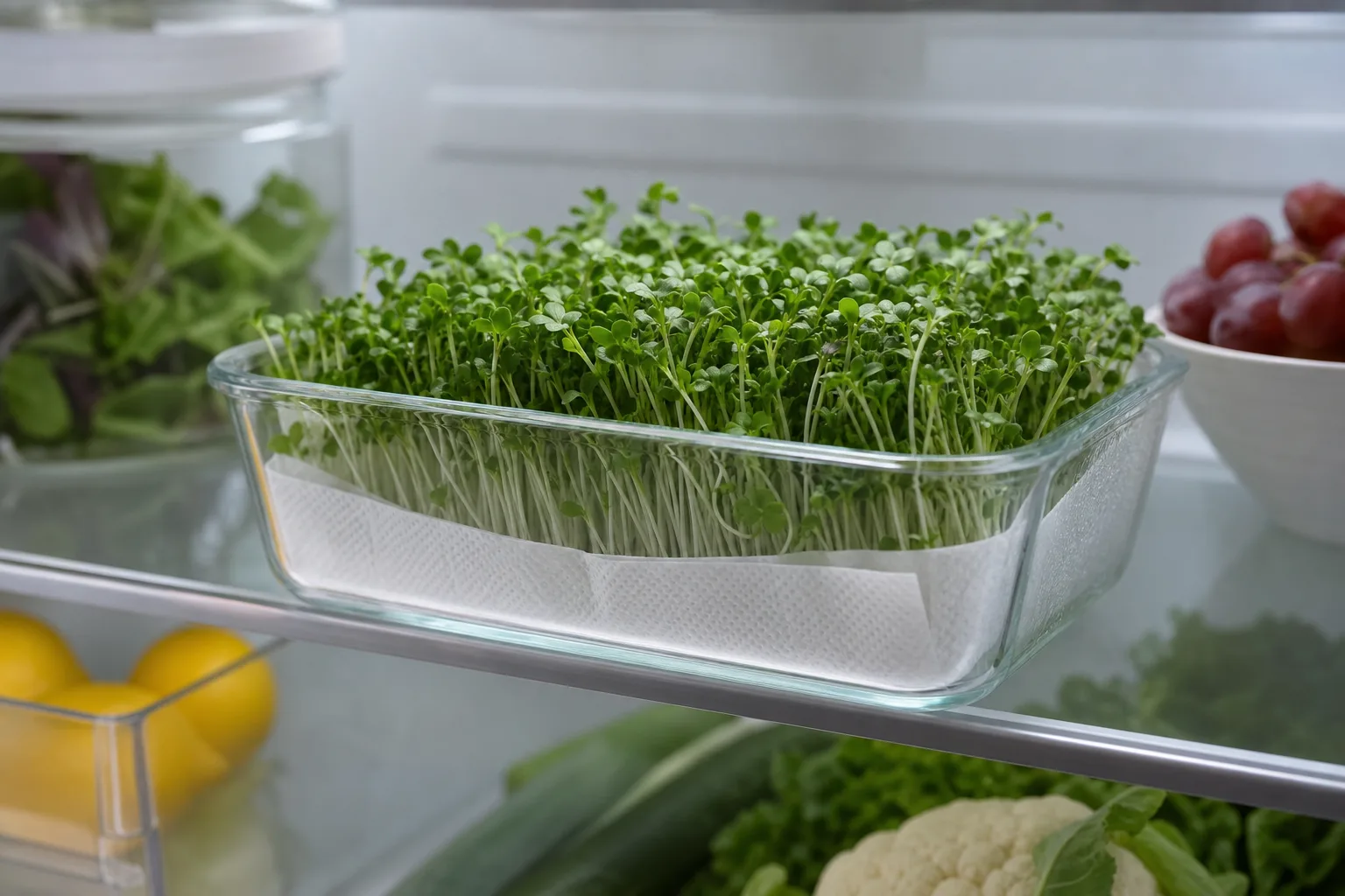 Microgreens stored in a glass container lined with paper towel in the refrigerator