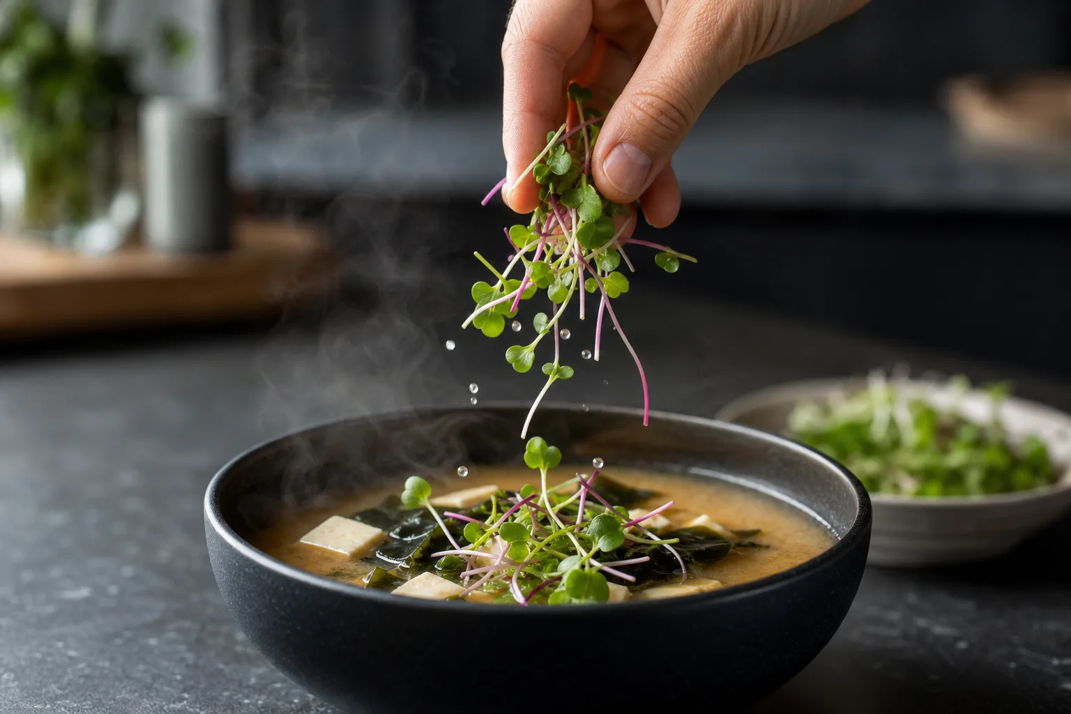 Hand sprinkling fresh microgreens over a bowl of miso broth