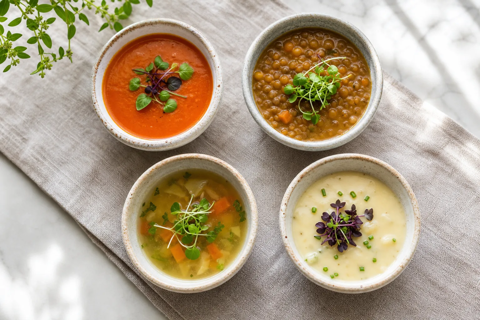 Four bowls of different soups each finished with a different microgreen