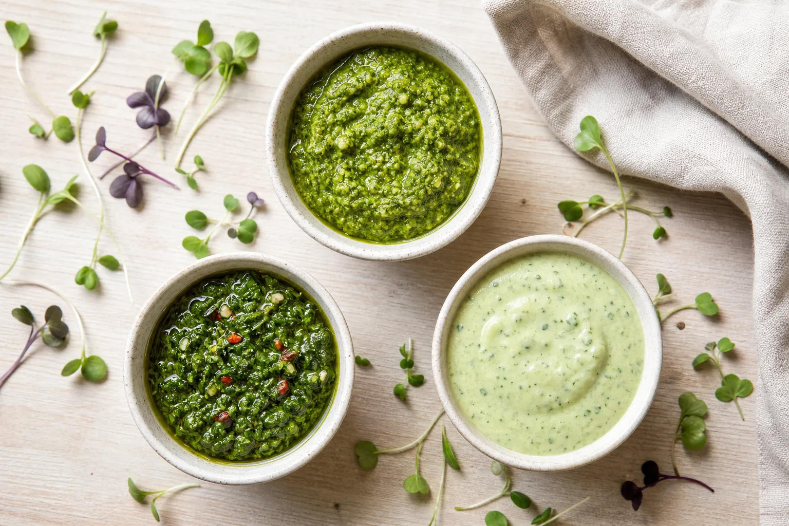 Three small bowls of green sauces — pesto, chimichurri, and creamy dressing — surrounded by fresh microgreens