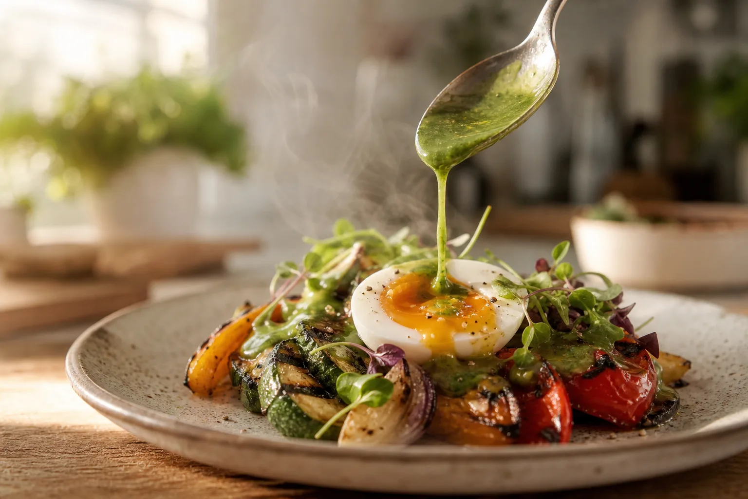A spoon drizzling glossy green microgreen sauce over grilled vegetables and a soft-boiled egg