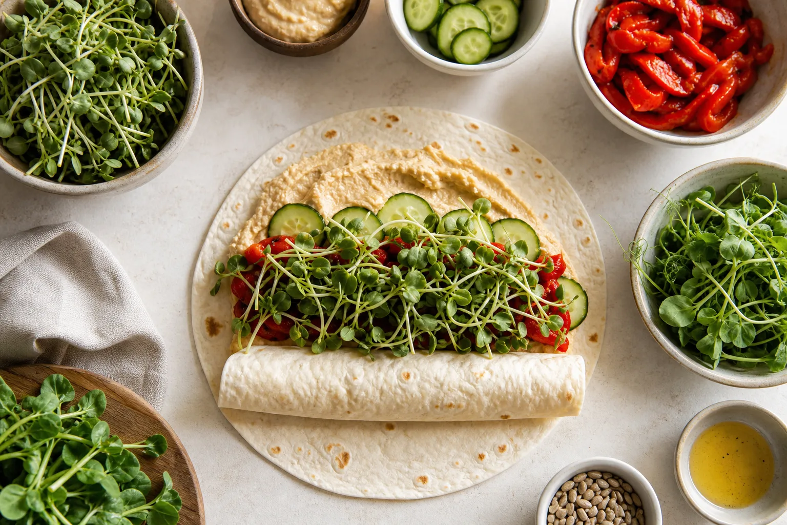 Overhead view of a wrap being assembled with hummus, vegetables, and a thick layer of microgreens in sandwiches and wraps