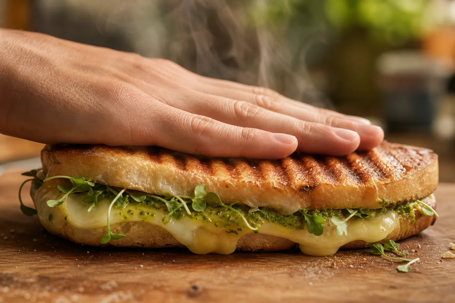 A pressed panini cut open to reveal melted cheese and a green ribbon of microgreens in sandwiches and wraps tucked between the layers