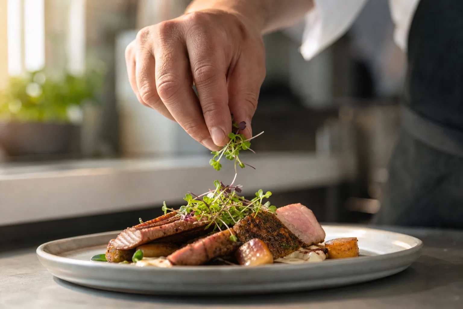A chef pinching spicy mustard microgreens over a finished plate