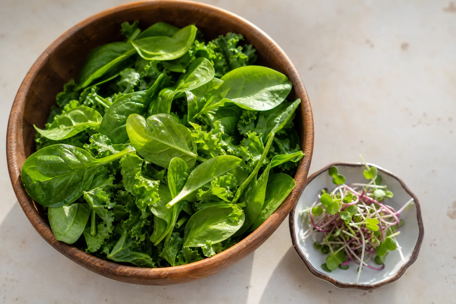A bowl of baby spinach and baby kale beside a small dish of micro radish