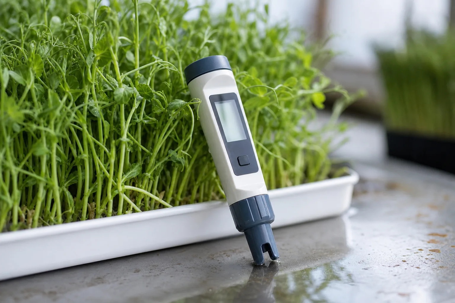 A small pH and EC pen meter resting on the edge of a tray of pea shoots