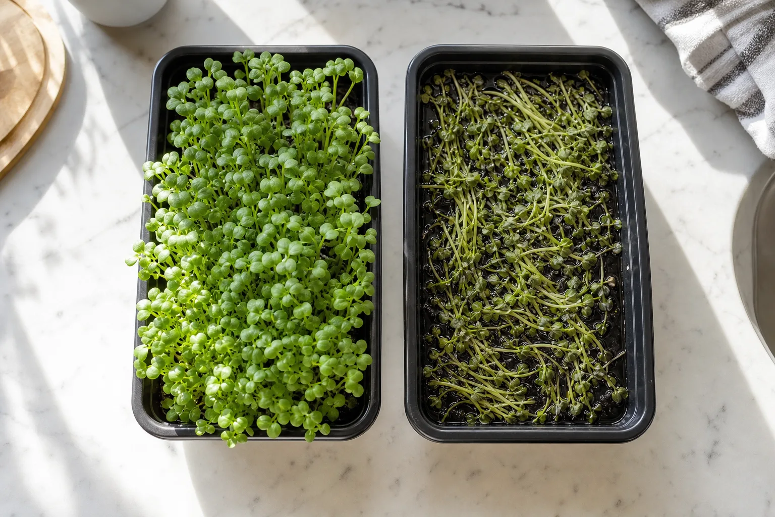 Two microgreens trays side by side, one lush and upright, one limp and waterlogged