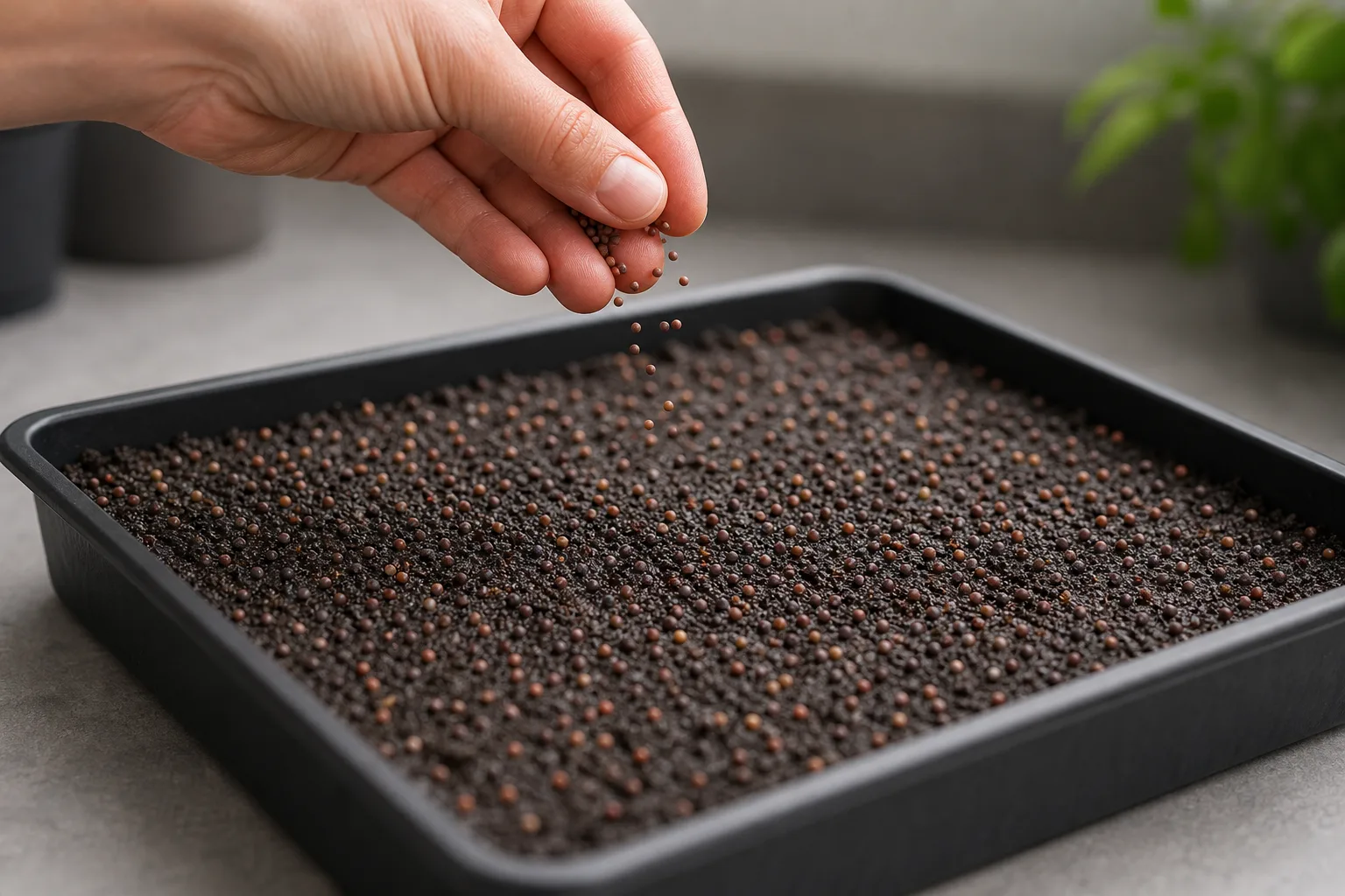 A hand evenly scattering broccoli seeds across a moist growing tray