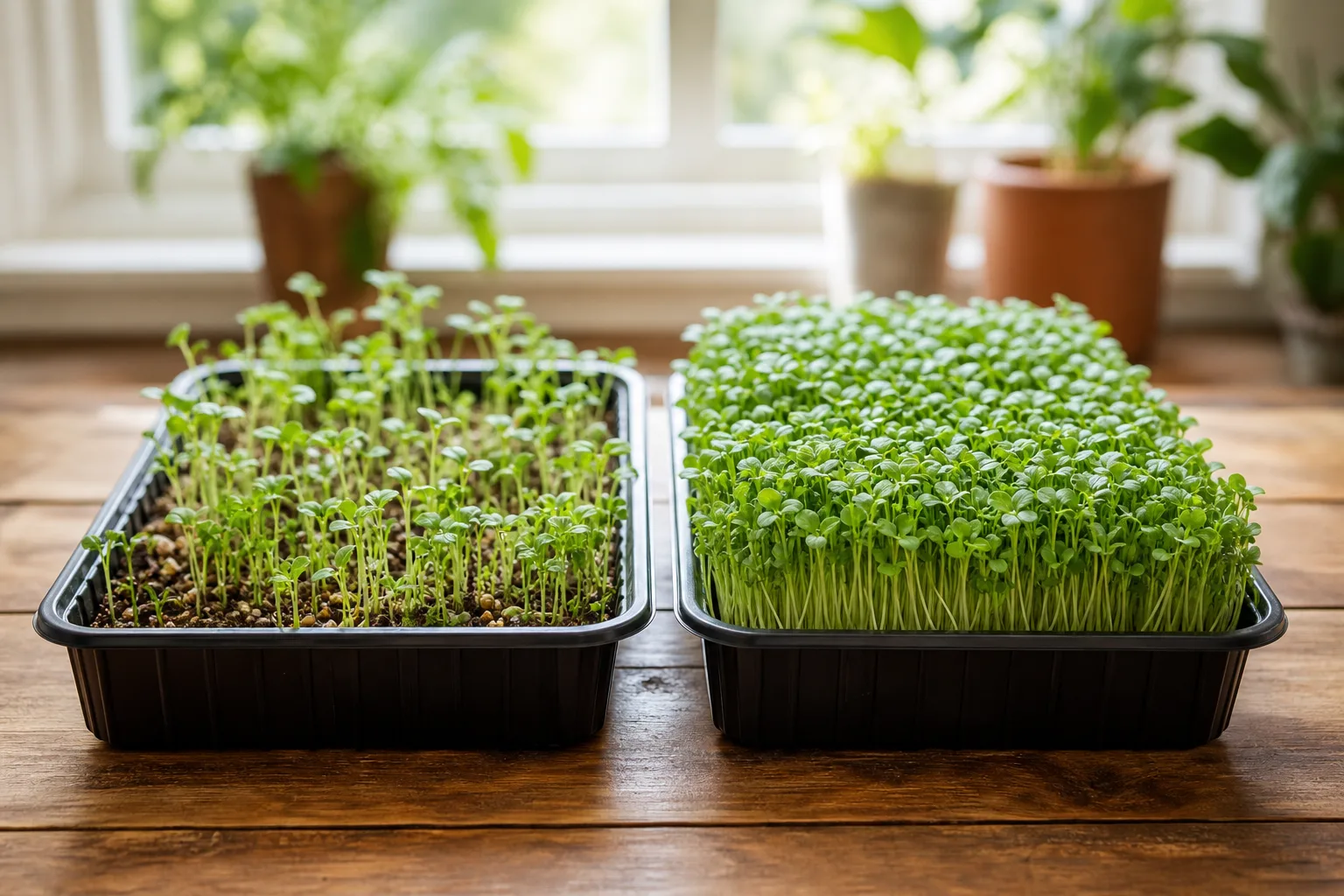 Two microgreen trays compared, one sparse and uneven, one thick and uniform