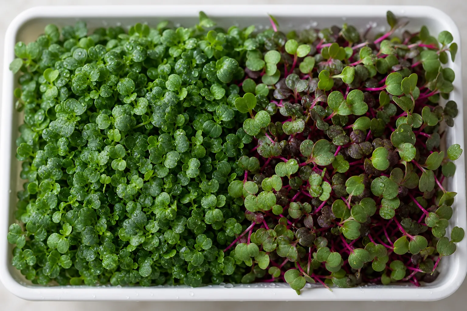Overhead view of dense, healthy broccoli and radish microgreens in a white tray under gentle light