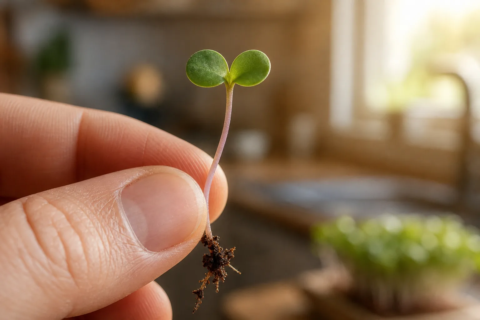 A single mustard microgreen seedling being lifted by hand, showing its delicate stem and heart-shaped cotyledons