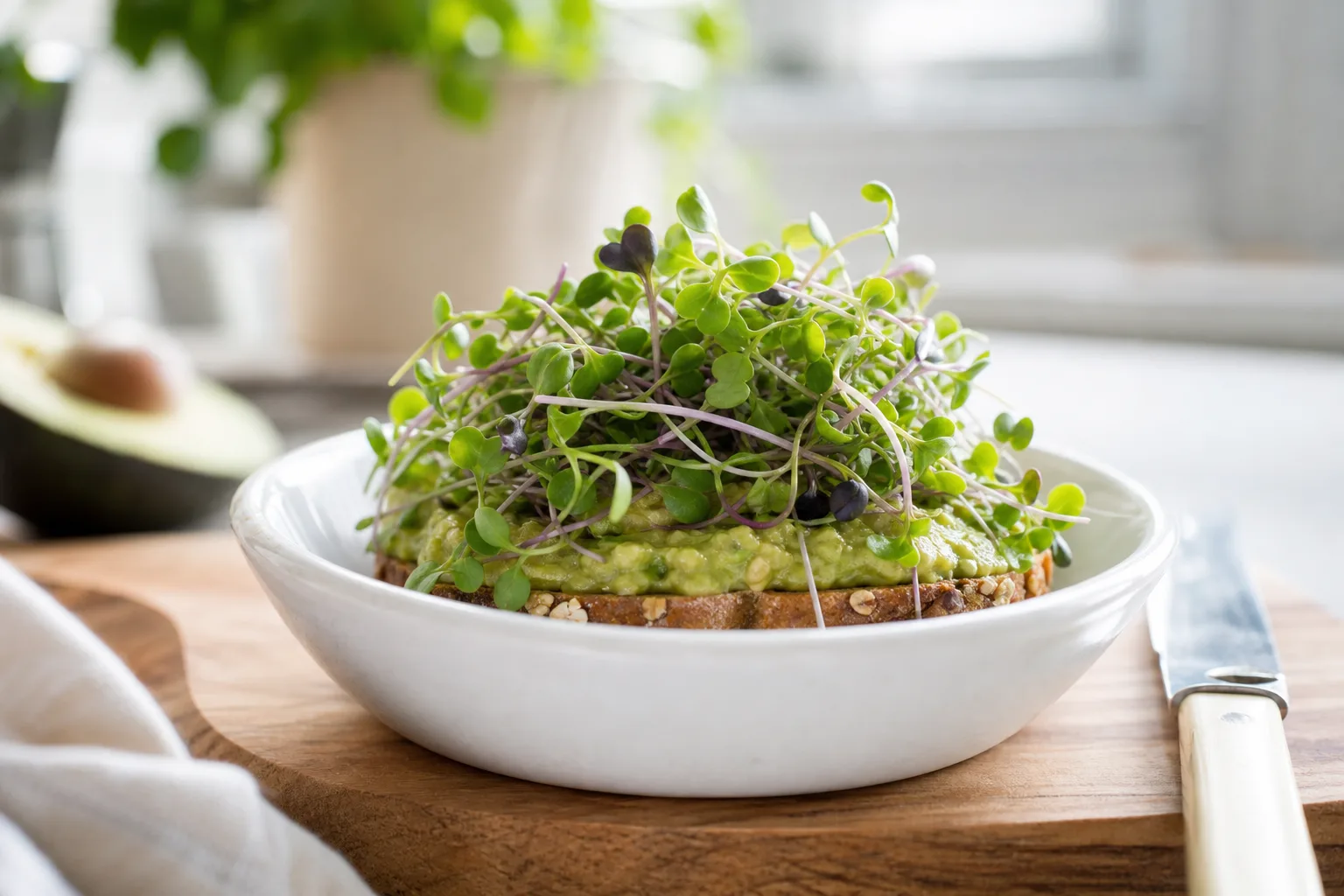 Avocado toast topped with a generous tangle of fresh mustard microgreens on a wooden board