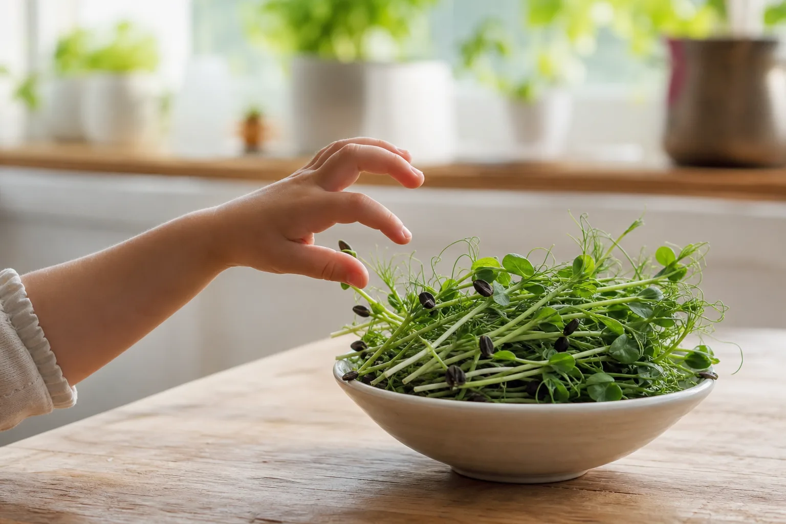 A child reaching for a bowl of crisp pea shoots and sunflower microgreens