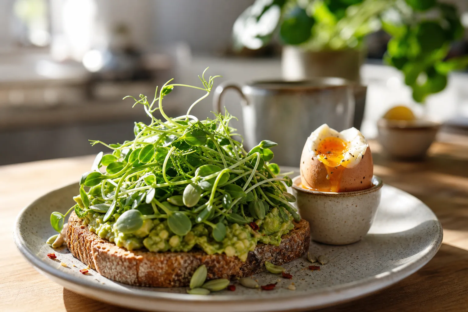 Avocado toast topped with sunflower and pea microgreens beside a soft-boiled egg