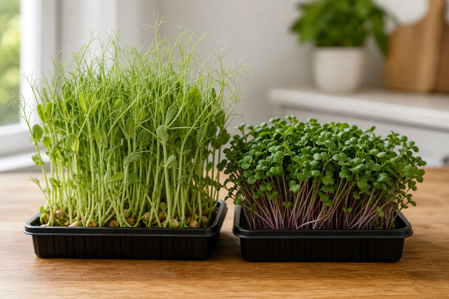 A leggy pale tray of microgreens next to a compact deep green tray showing the effect of light