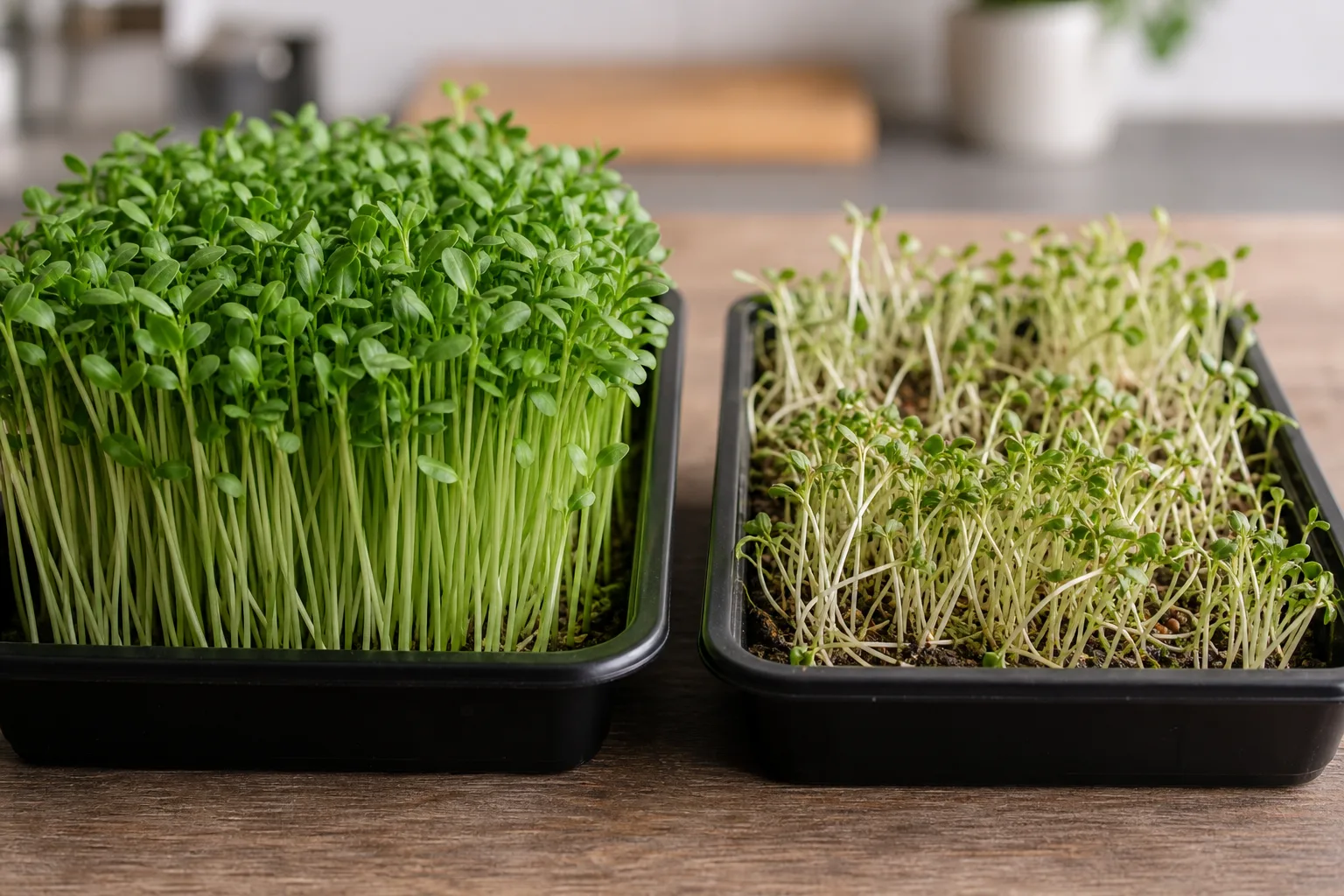 Two microgreen trays side by side, one uniform and deep green, the other patchy, pale, and leggy