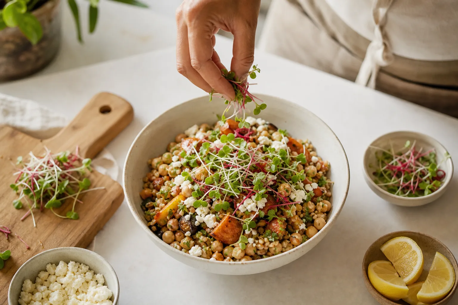 A person sprinkling fresh red radish and green pea microgreens onto a grain salad bowl