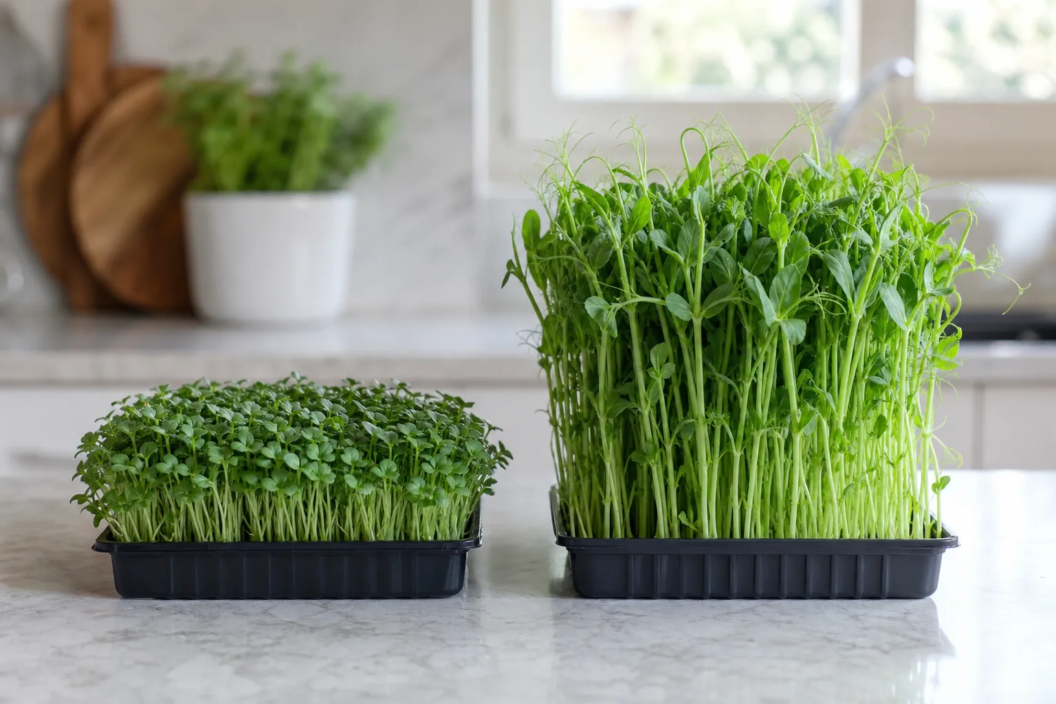 Two trays of pea shoot microgreens, one compact and one stretched, on a kitchen counter