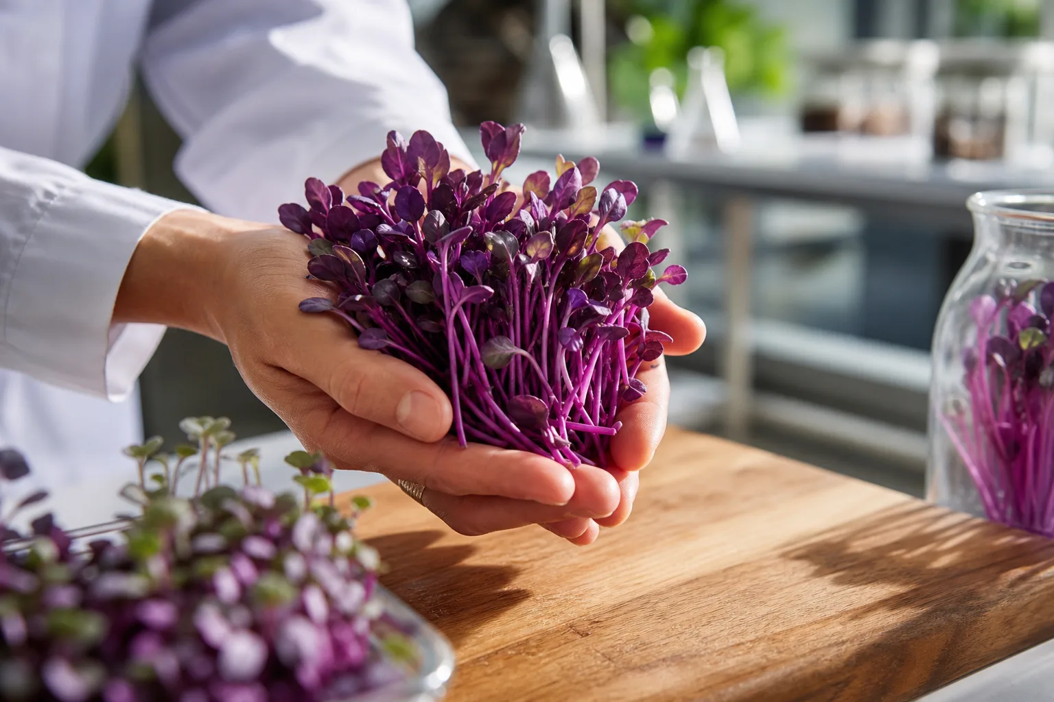 Hands holding freshly harvested deep red radish microgreens over a cutting board
