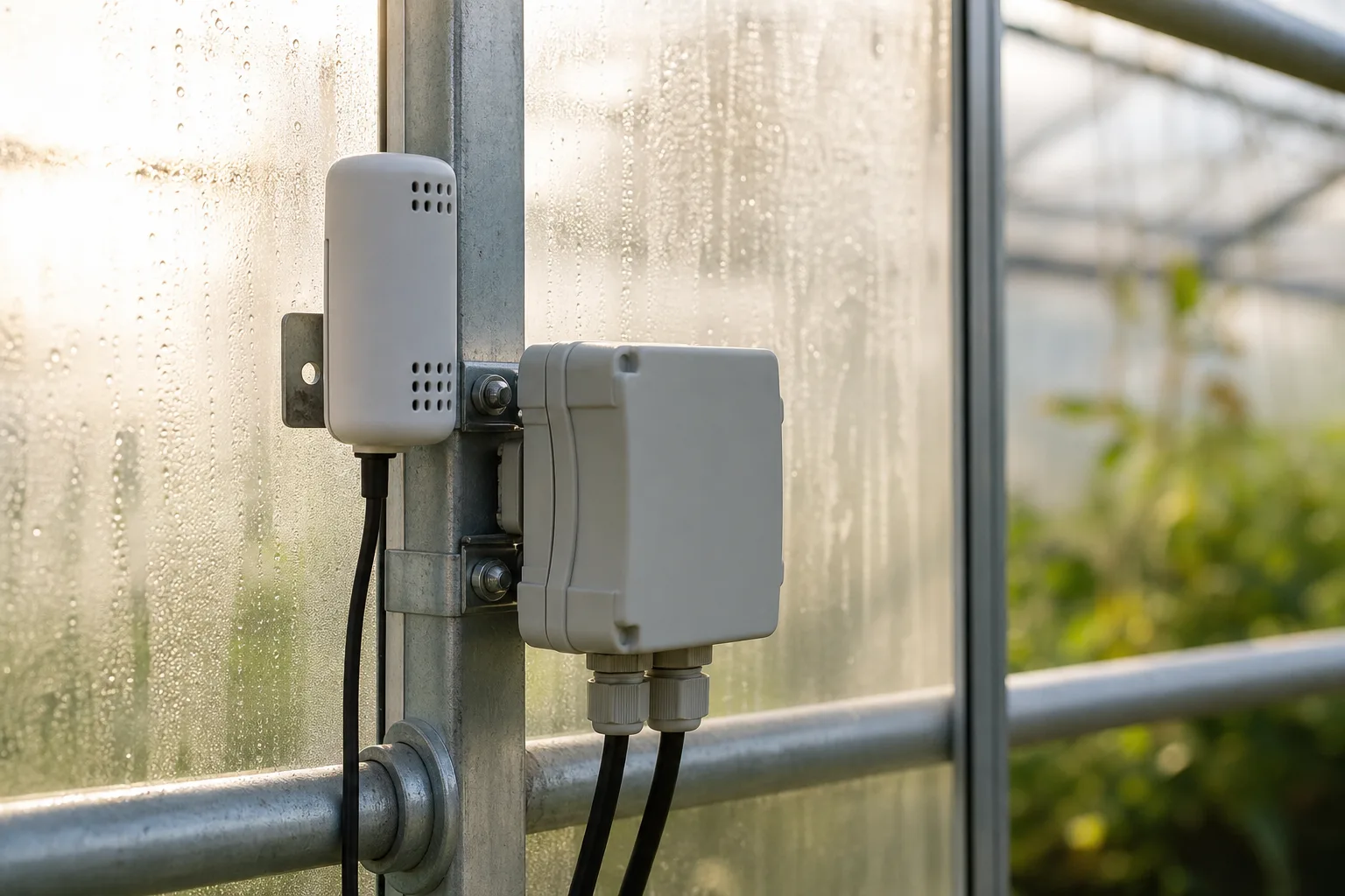 Close-up of a climate sensor and small control unit clipped to a greenhouse frame