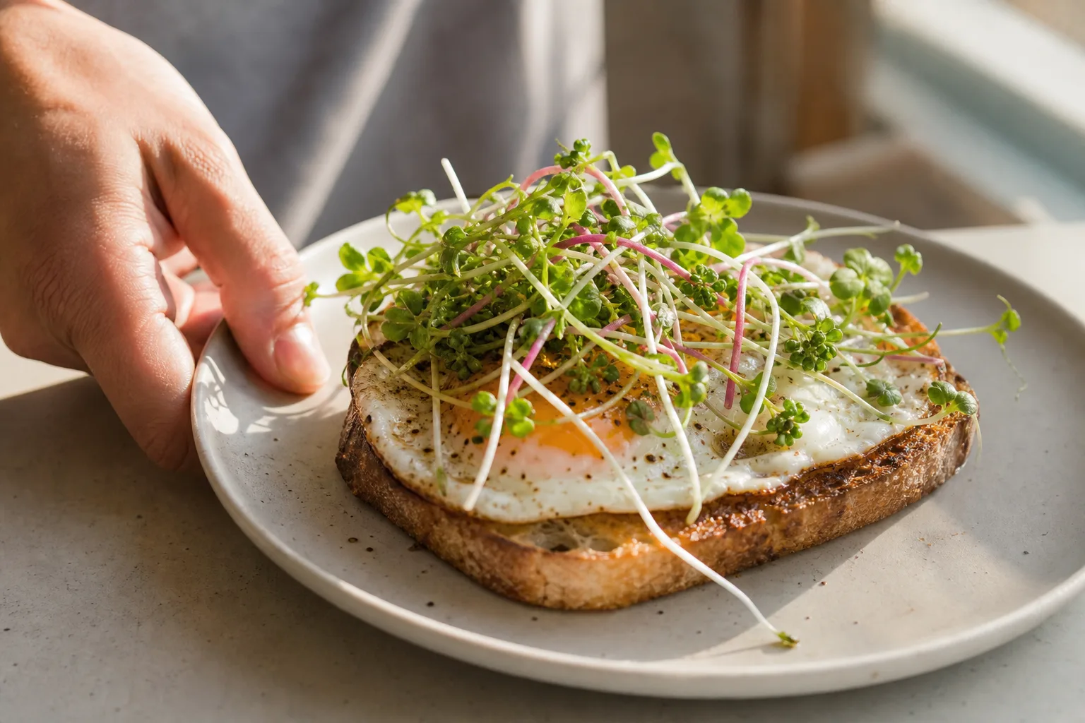 A fried egg on sourdough toast topped with radish and broccoli microgreens