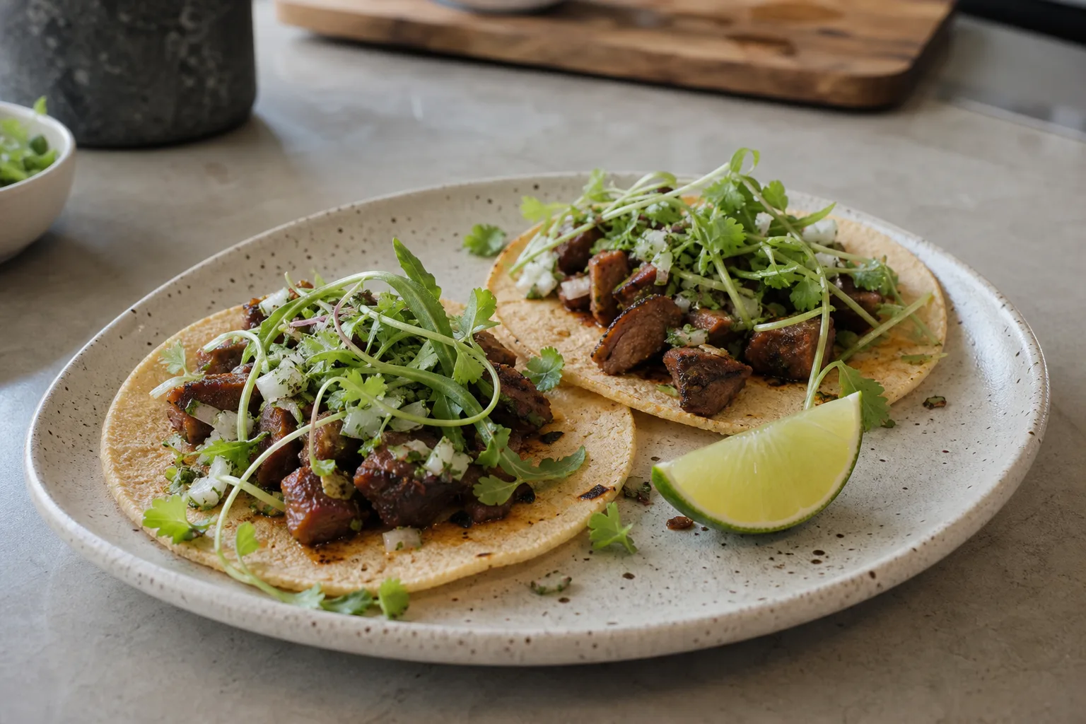 Two street-style tacos finished with arugula and cilantro microgreens