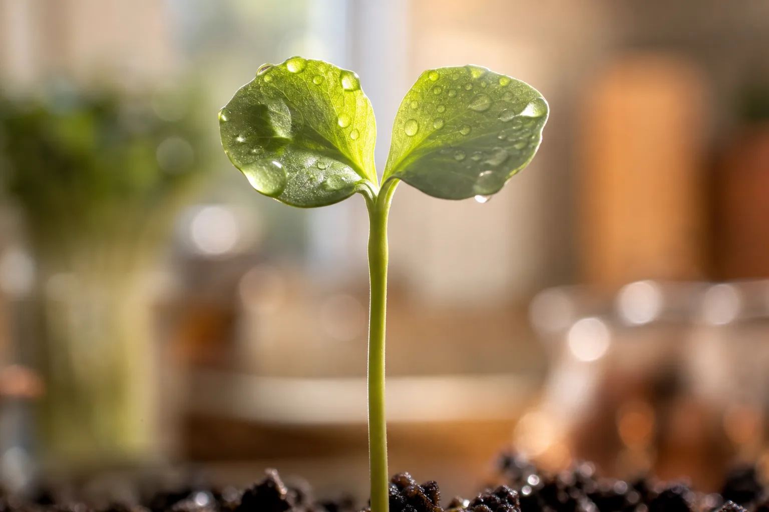 A single broccoli microgreen backlit by daylight