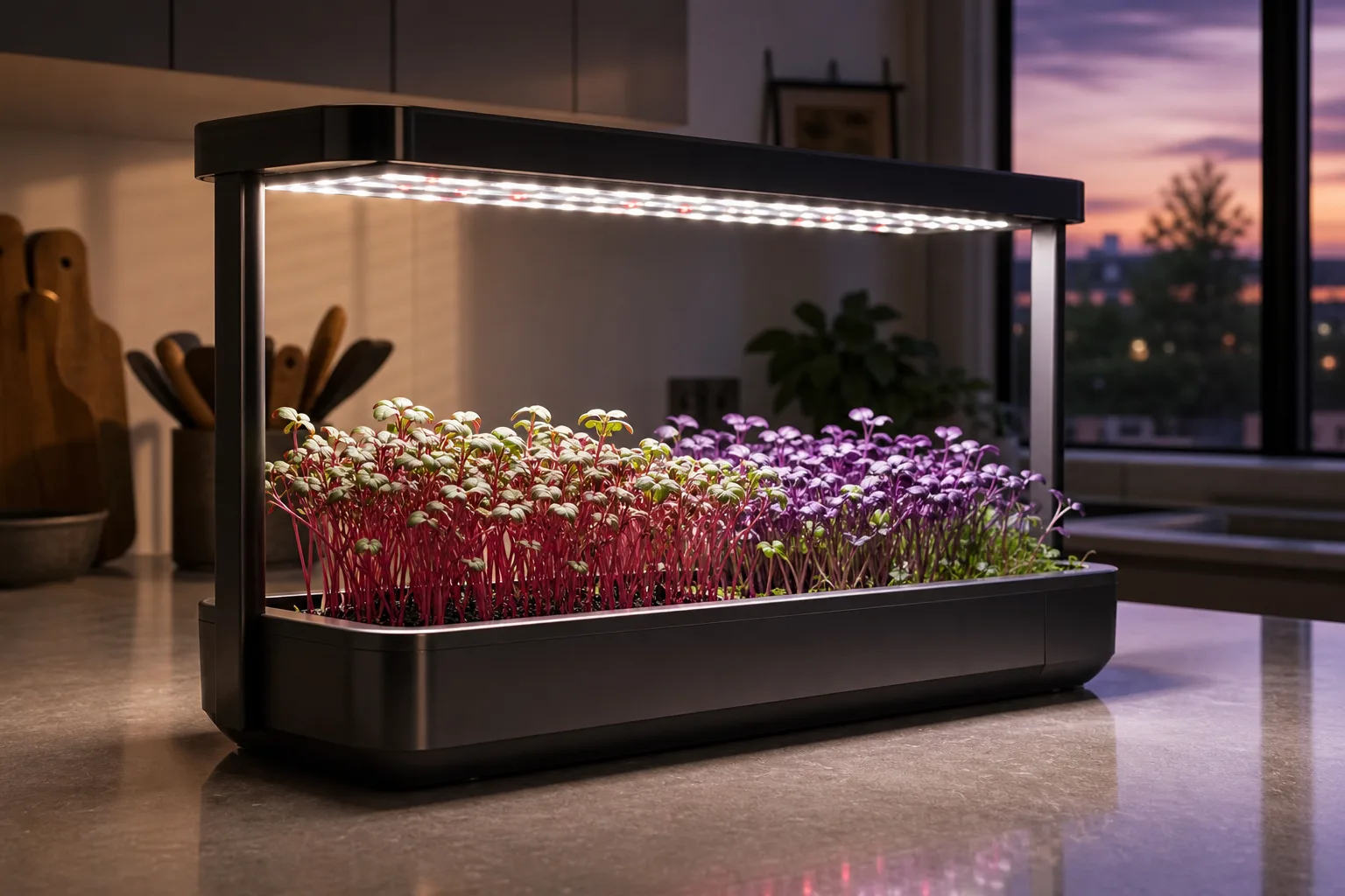 A countertop microgreens grower with LED panels over young shoots