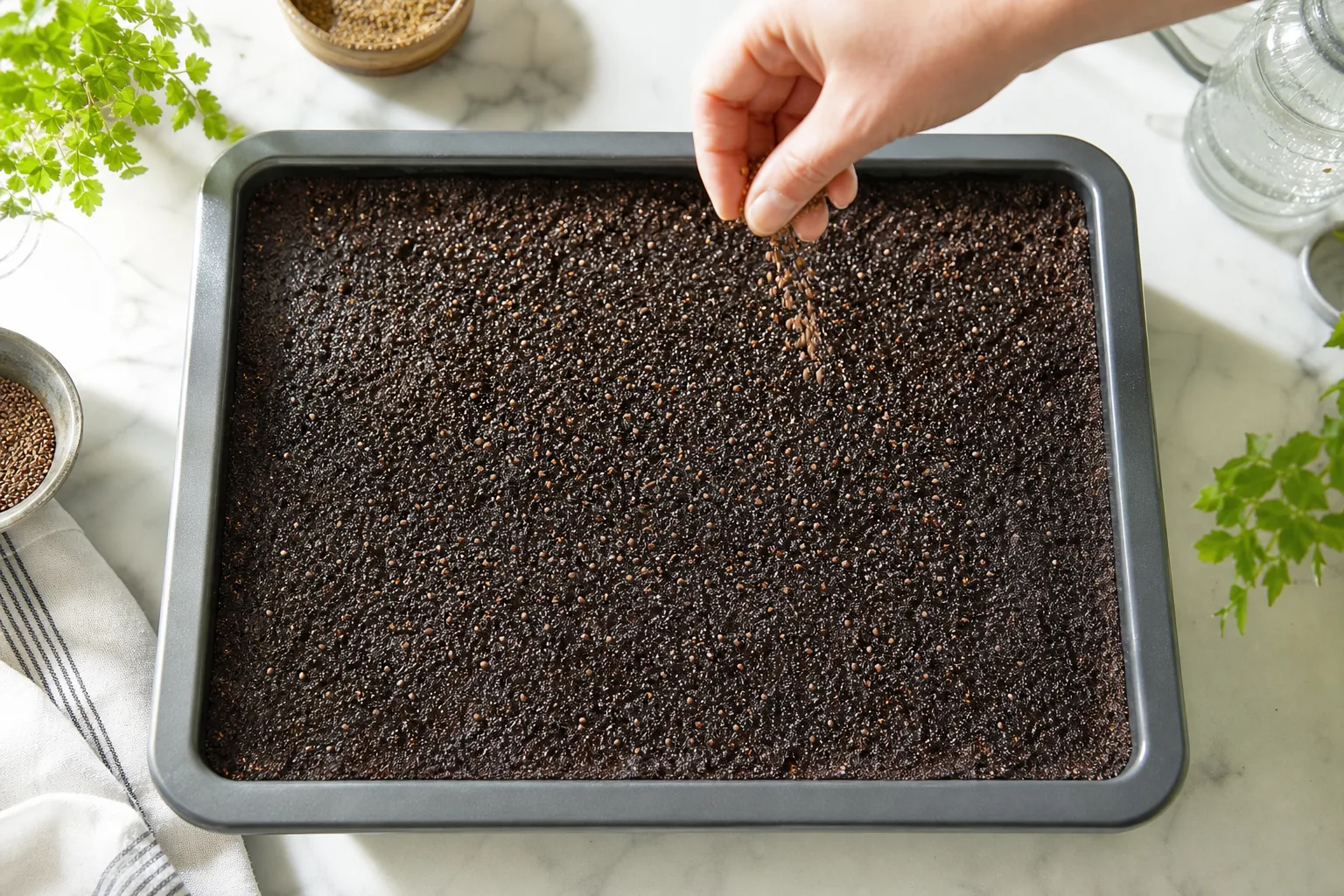 Hand evenly scattering microgreen seeds across a moist tray surface