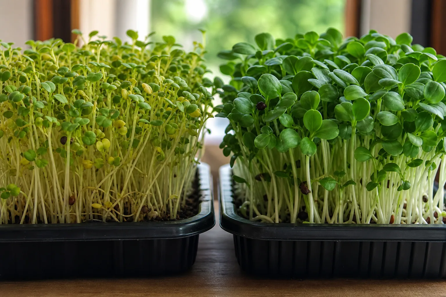 Two trays of radish microgreens side by side, one overcrowded and yellowing, one healthy and green