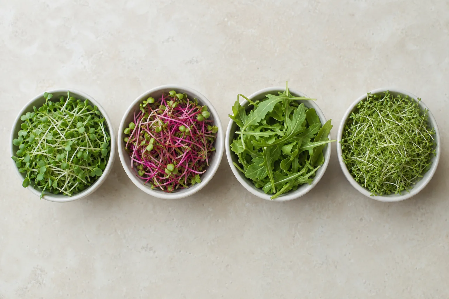 Four small bowls of mustard, radish, arugula, and cress microgreens side by side
