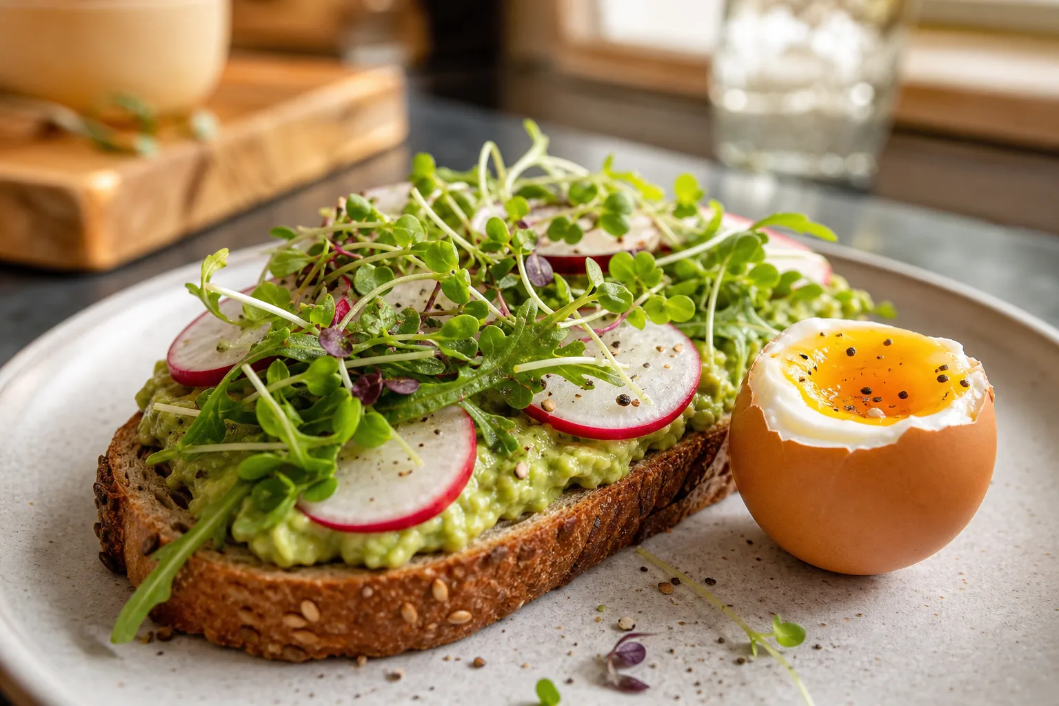 Avocado toast topped with peppery radish and arugula microgreens beside a soft-boiled egg