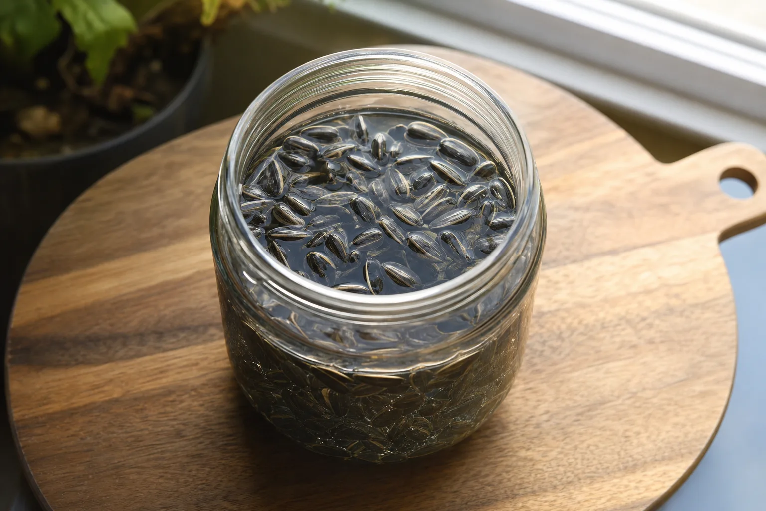Black oil sunflower seeds soaking in a glass jar of water