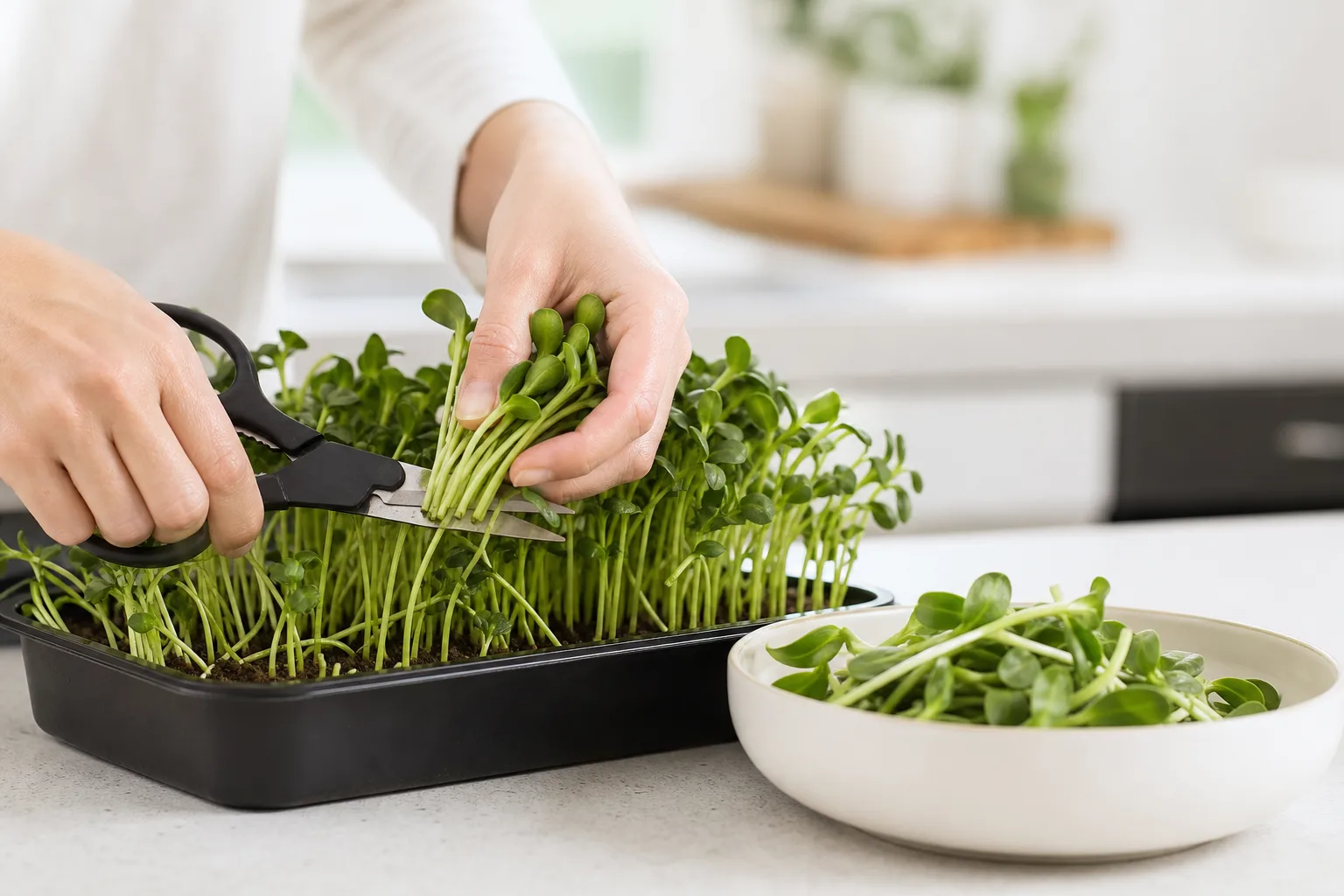 Hands harvesting sunflower microgreens with kitchen scissors
